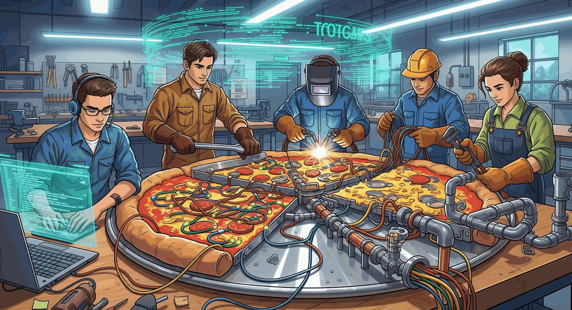 Cinque allievi in officina costruiscono una pizza gigante con chiavi inglesi, tubi, cavi e una saldatrice